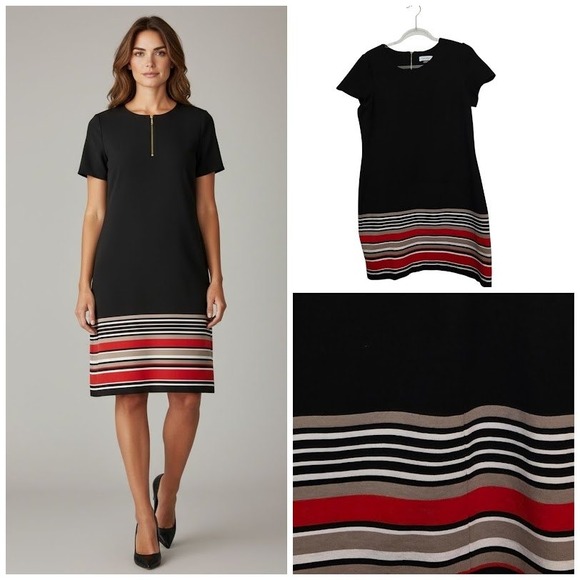 Calvin Klein Dresses & Skirts - Calvin Klein Black Sheath Dress Striped Hem Sheer Panel Gold Zipper‎ Size 14